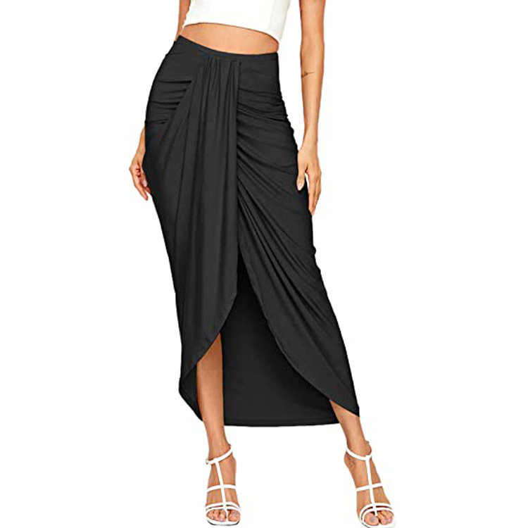 High Waist Asymmetrical Wrap Skirt with Elastic Waist in Milk Fiber/Polyester - Flattering Midi Length  Castello Clothing Line   