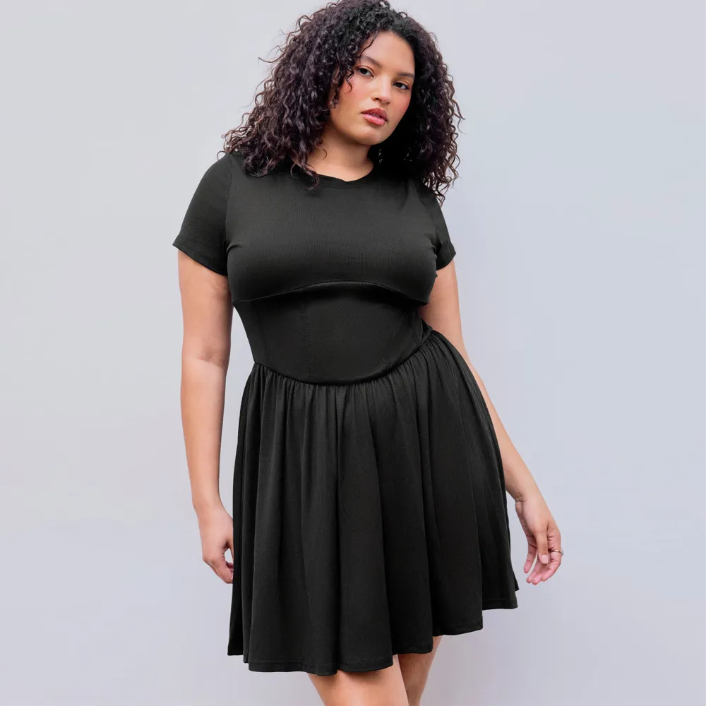 Mireya Plus Size Short Sleeve Fit-and-Flare Skater Dress Castello Clothing Line
