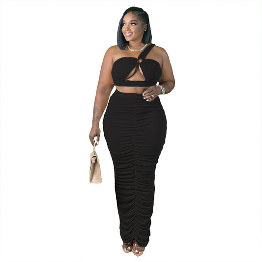 Plus Size One-Shoulder Crop Top & Ruched Skirt Set  Castello Clothing Line   