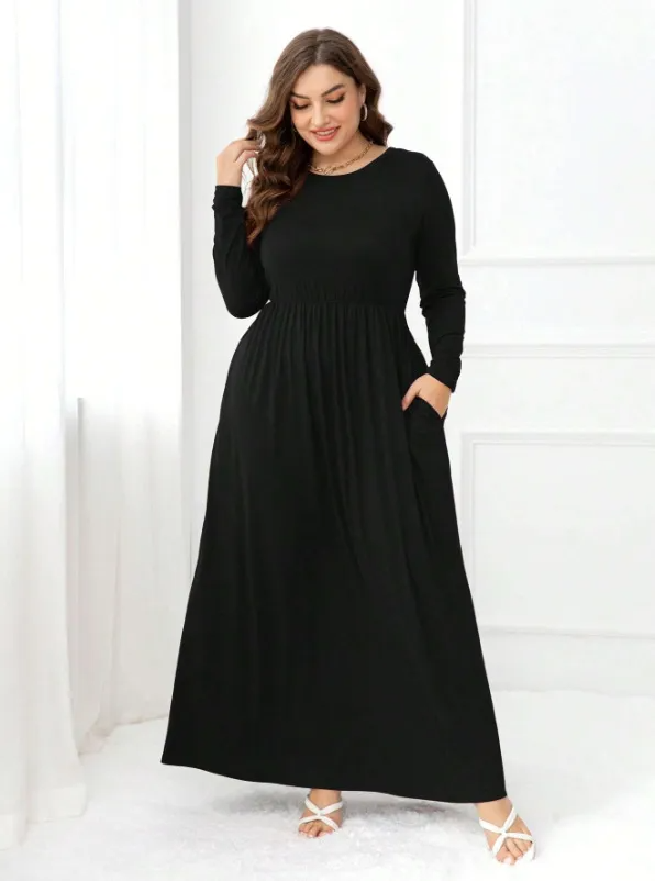 Aurelia Plus Long Sleeve Shirred Maxi Dress maxi dress Castello Clothing Line