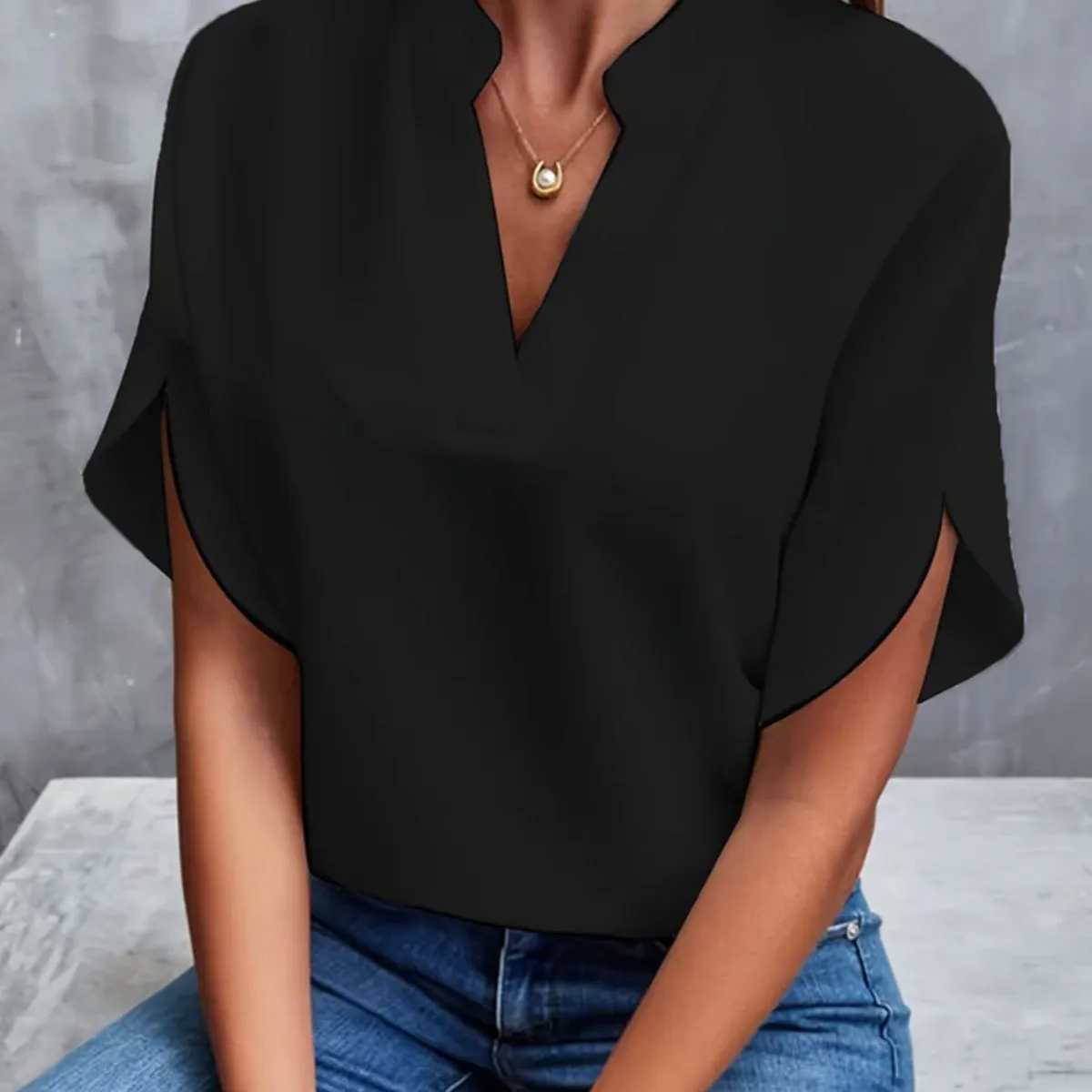 Svelte V-Neck Split Short Sleeve Blouse Castello Clothing Line