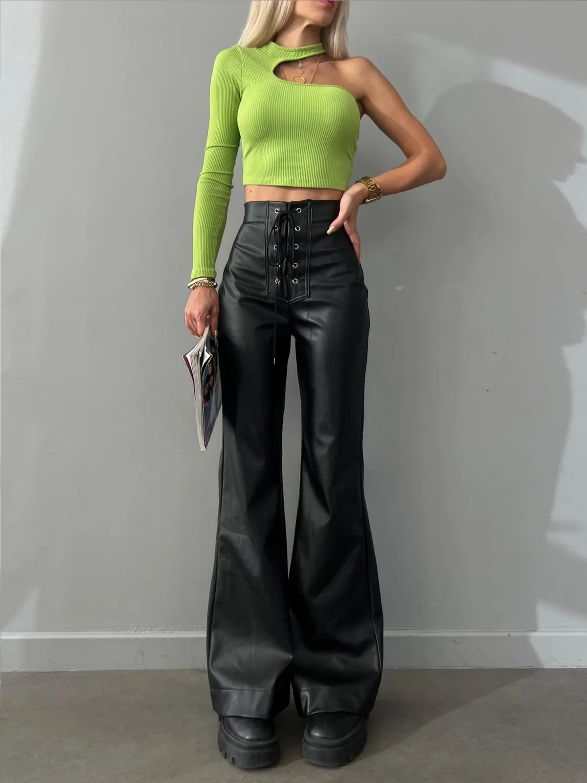 Juno High-Waisted Lace-Up Faux Leather Flare Pants Castello Clothing Line