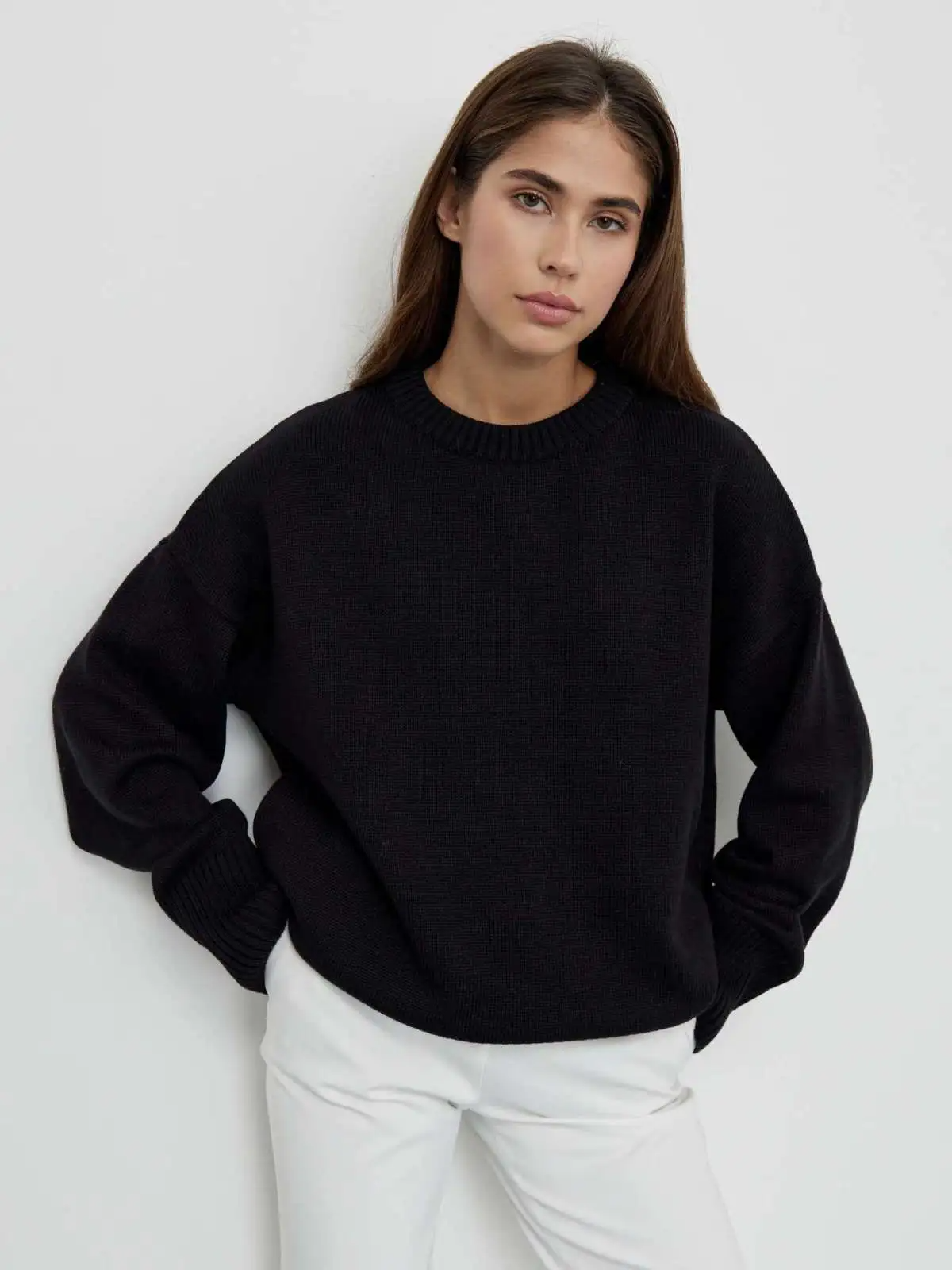 Urban Ease Crew Neck Long Sleeve Ribbed Knit Sweater Castello Clothing Line