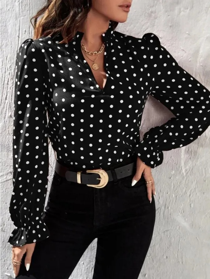 Amara Polka Dot V-Neck Puff Sleeve Blouse Castello Clothing Line