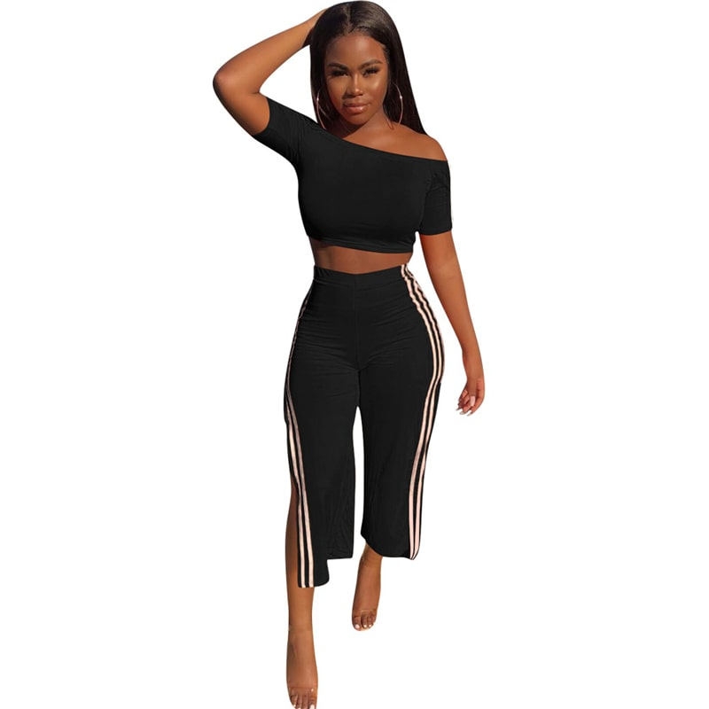 Off Shoulder Color Block Crop Top and High Waist Side Slit Pants Set  Castello Clothing Line   