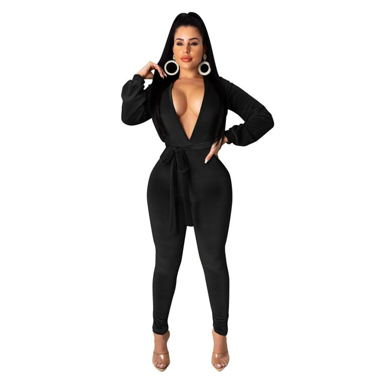 Kora Long Sleeve Plunge Velvet Cutout Bodycon Jumpsuit women jumpsuits Castello Clothing Line