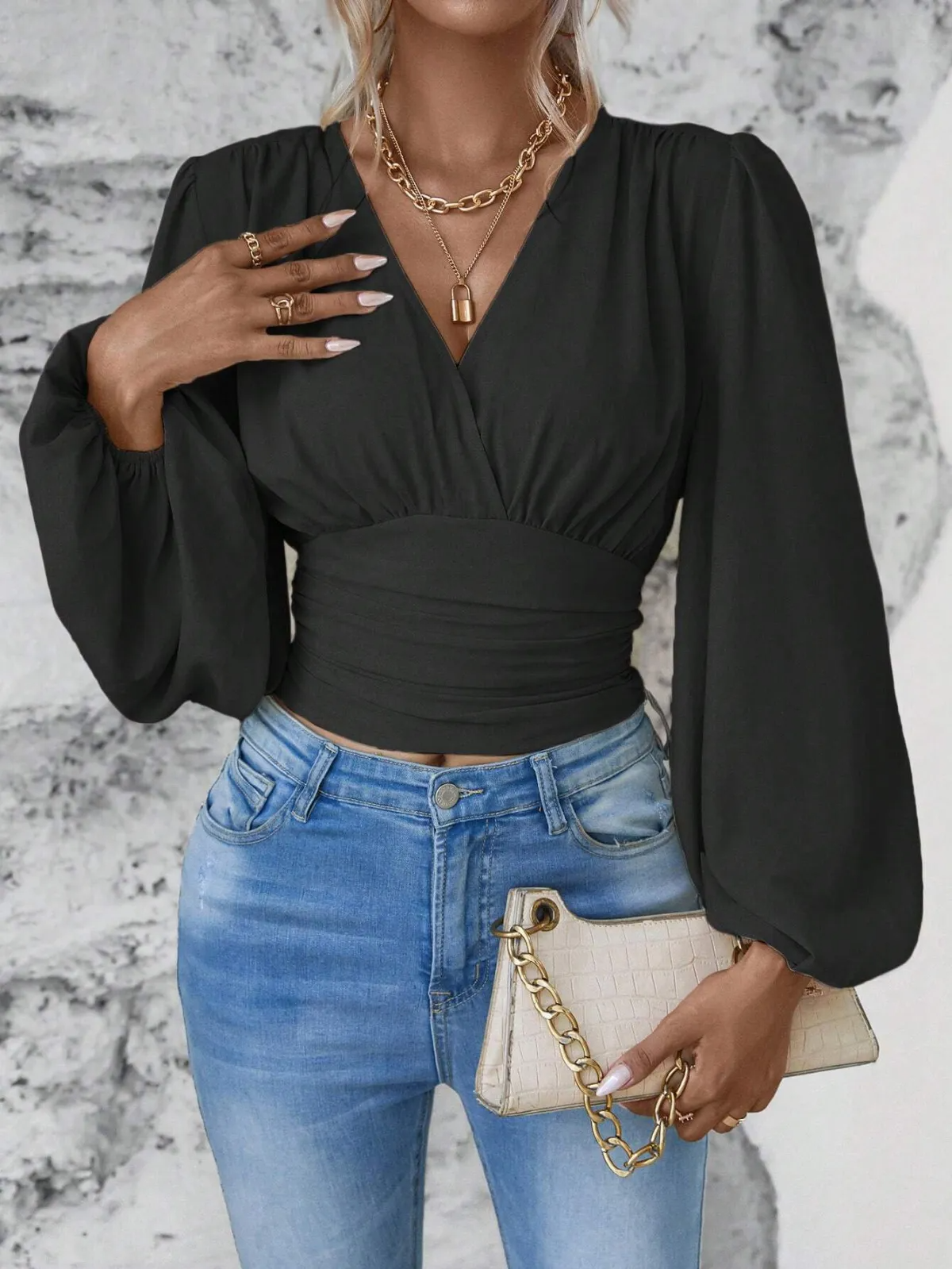 Seraphine Ruched V-Neck Long Sleeve Smocked Crop Top Castello Clothing Line