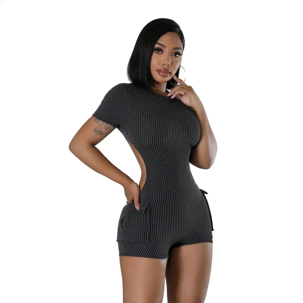 Pulse Ribbed Cutout Short-Sleeve Romper  Castello Clothing Line   