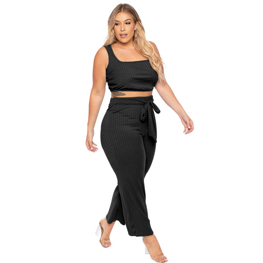 Plus Size Ribbed Crop Top & High Waist Pants Set  Castello Clothing Line   