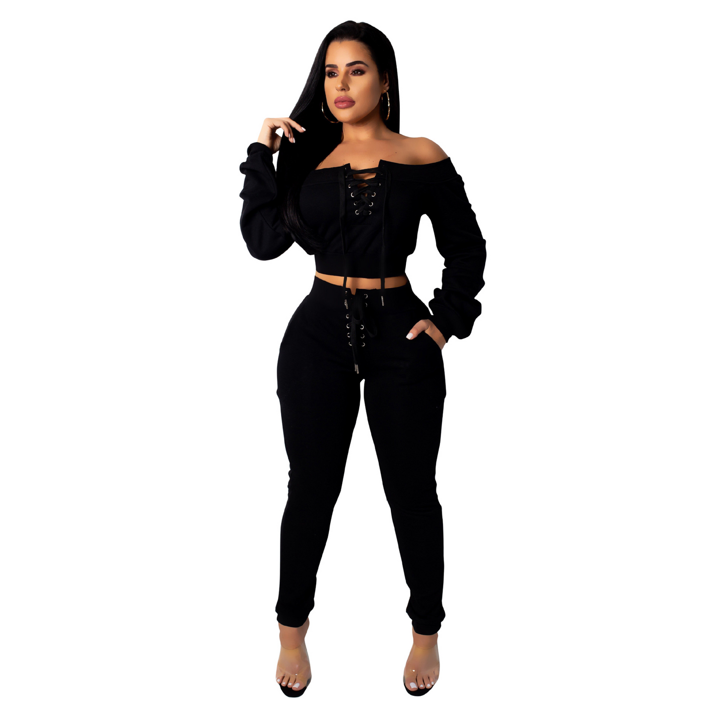 Flirt Lace-Up Off Shoulder Jogger Lounge Set  Castello Clothing Line   