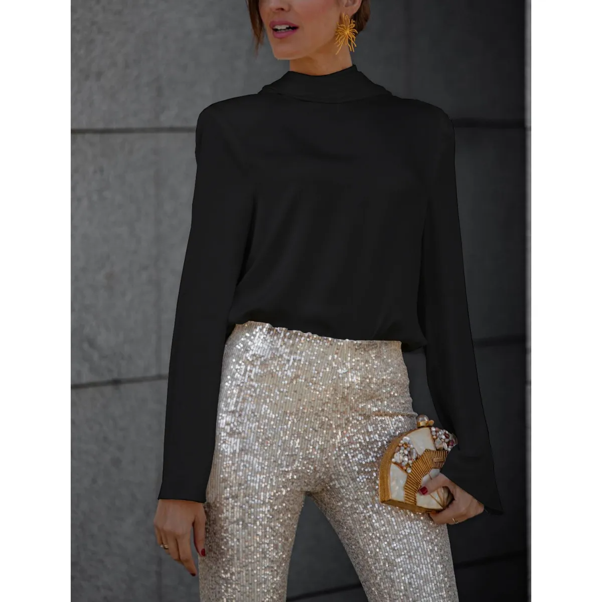 Sleek Escape High Neck Draped Back Long Sleeve Blouse Castello Clothing Line
