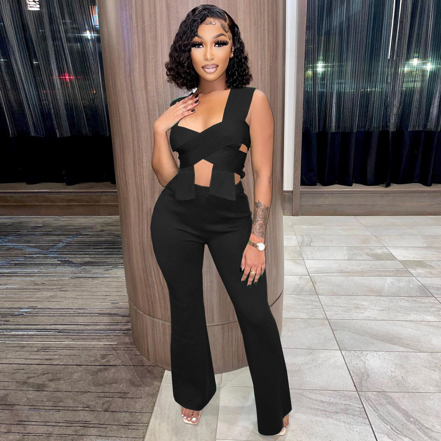 Cutout Bandage Top & High Waist Wide Leg Pants Set  Castello Clothing Line   