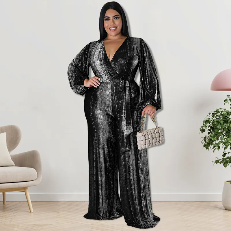 Dalia Plus Size Long Sleeve Wrap Wide Leg Jumpsuit women jumpsuits Castello Clothing Line