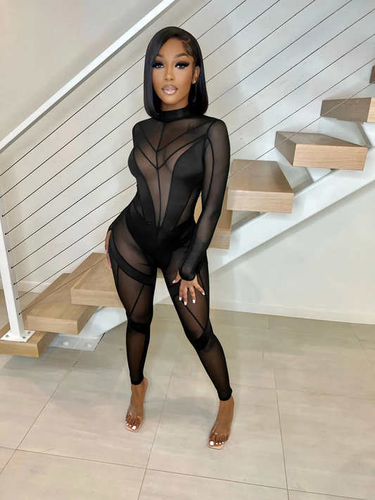 Siena Long Sleeve Sheer Mesh Panel Bodycon Jumpsuit women jumpsuits Castello Clothing Line