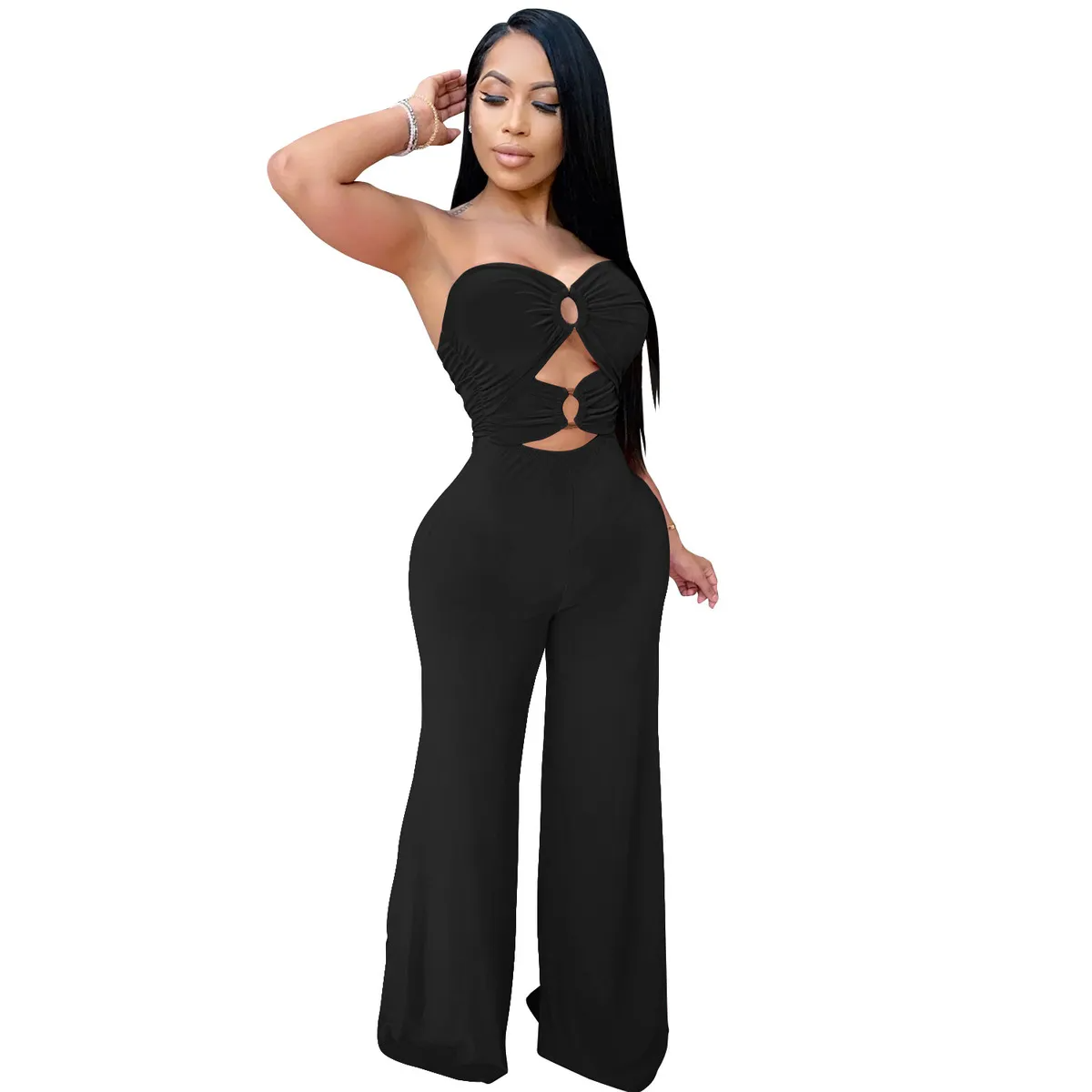 Lucy Strapless Cutout Ring Detail Wide Leg Jumpsuit women jumpsuits Castello Clothing Line