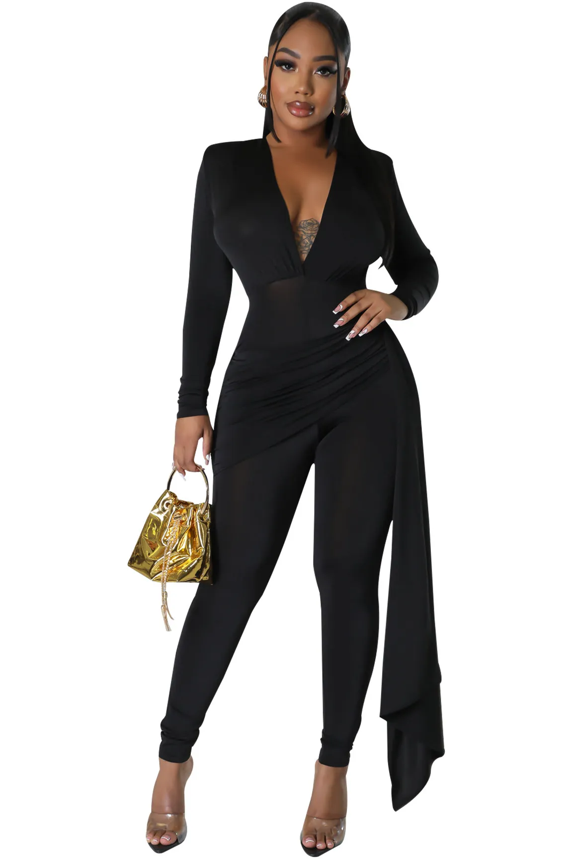 Jinx Long Sleeve Deep V-Neck Ruched Bodycon Jumpsuit women jumpsuits Castello Clothing Line