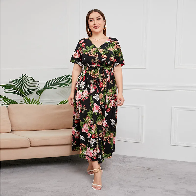Briony Plus Size Short Sleeve Belted Floral Maxi Dress maxi dress Castello Clothing Line