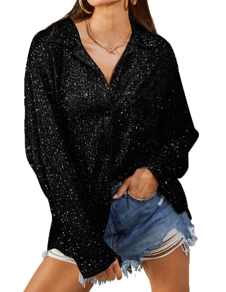 Shimmer Streak Sequin Button-Up Shirt  Castello Clothing Line   
