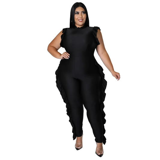 Gianna Plus Size High-Neck Ruffle Bodycon Jumpsuit Castello Clothing Line