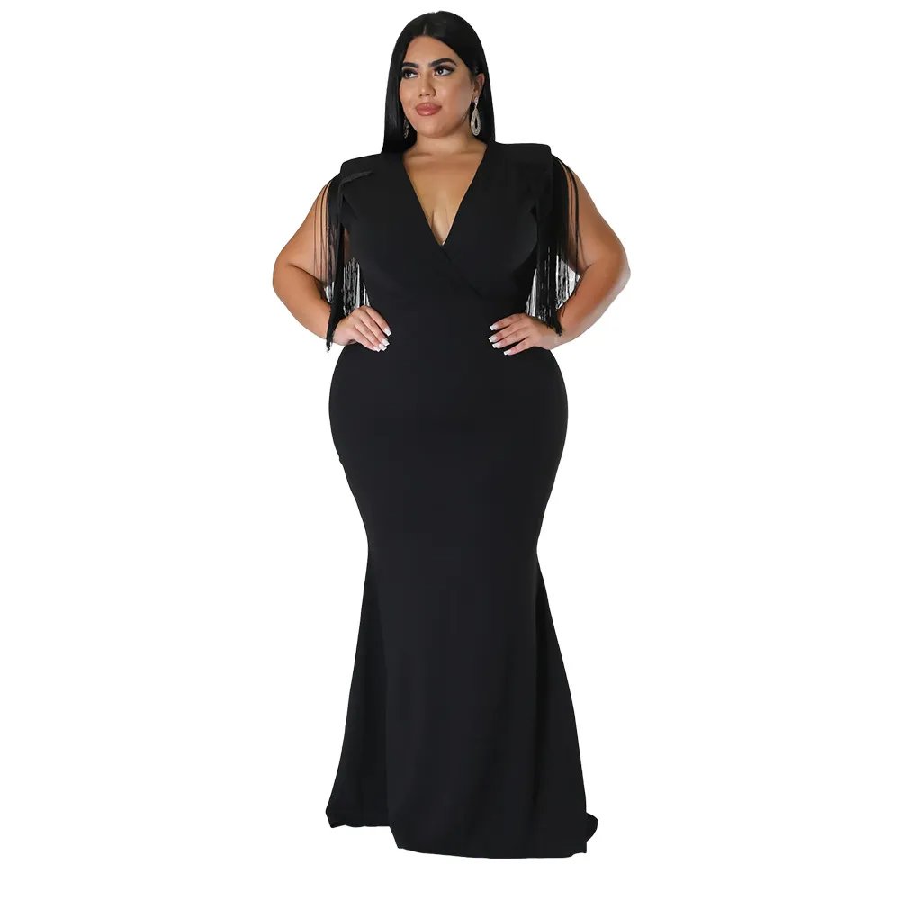 Zadie Plus Size Fringe Sleeve Plunging Trumpet Maxi Dress maxi dress Castello Clothing Line