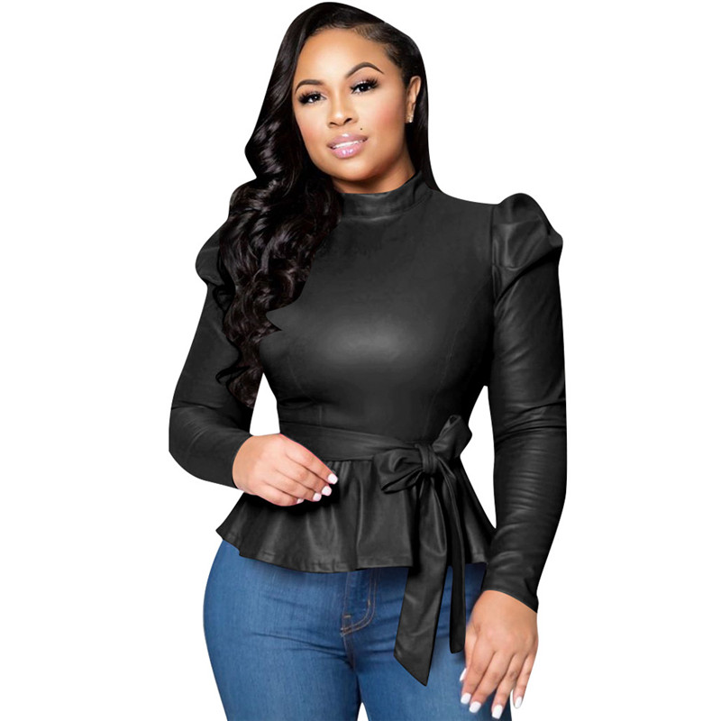 Envy Faux Leather Puff Sleeve Tie-Waist Peplum Top Castello Clothing Line