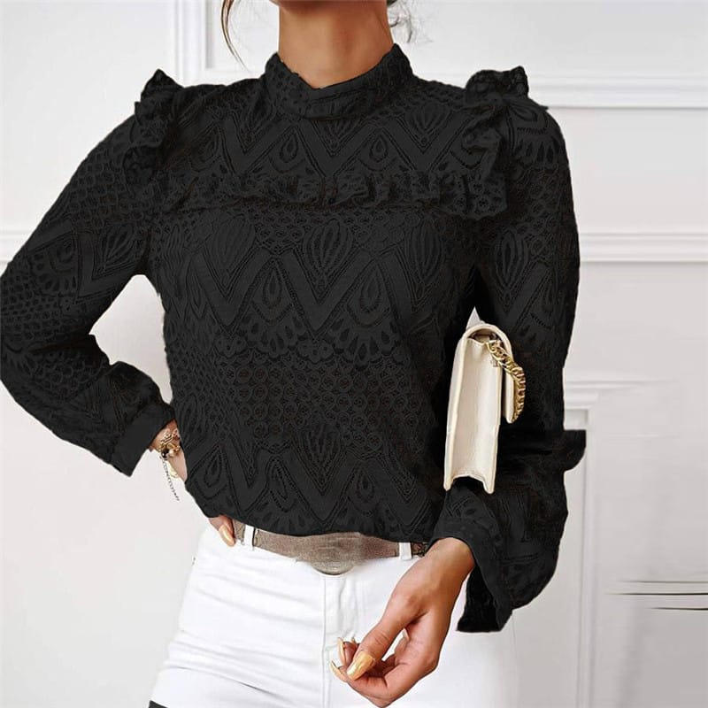 Top It Off Lace Ruffle Long Sleeve High-Neck Blouse Castello Clothing Line