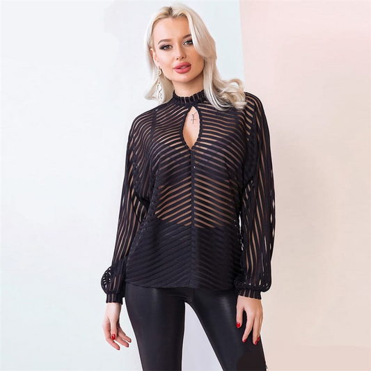 Sheer Delight Keyhole Stripe Long Sleeve Blouse  Castello Clothing Line   