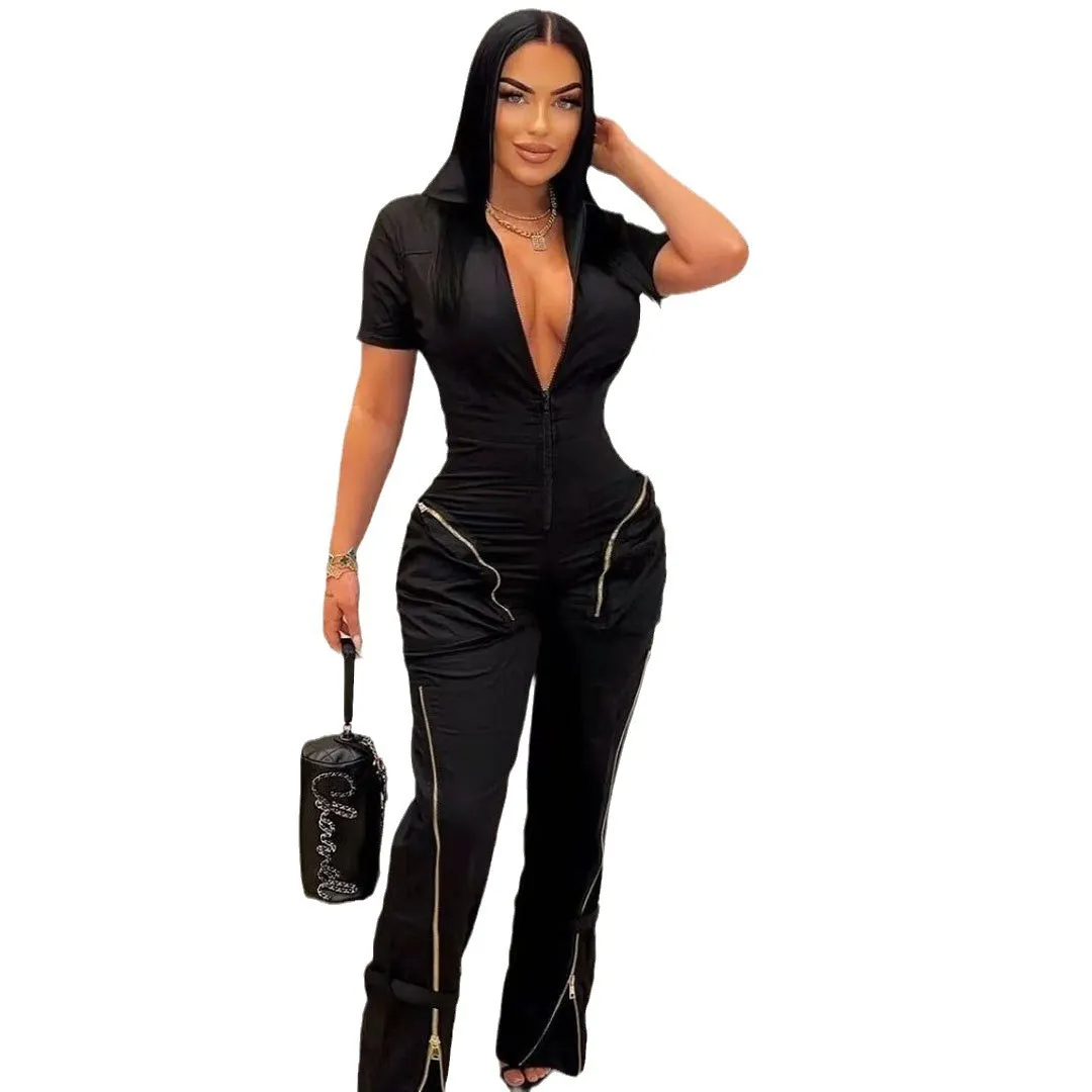 Norah Short Sleeve Zip Front Cargo Straight Leg Jumpsuit utility jumpsuit Castello Clothing Line