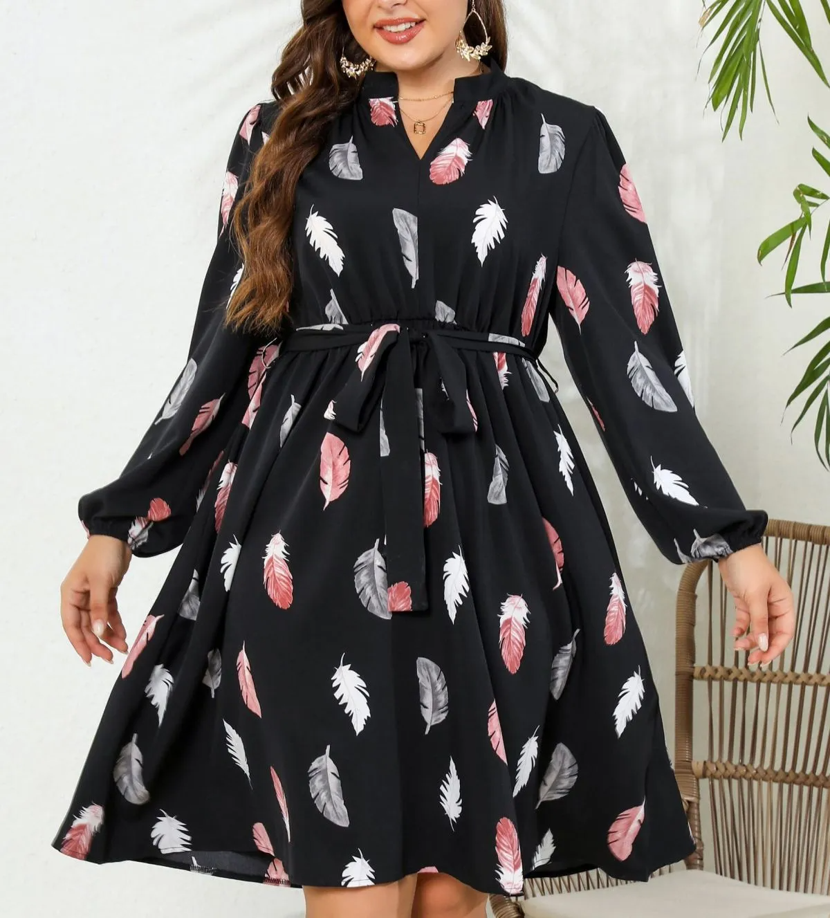 Tara Plus Feather-Print Belted Long-Sleeve Midi Dress mini dress Castello Clothing Line