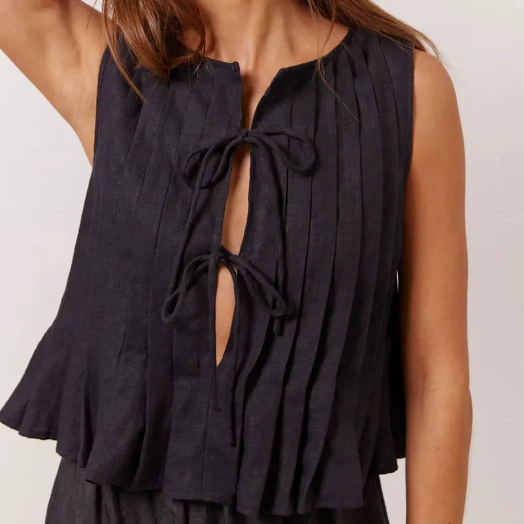 Poise Tie-Front Sleeveless Ruffle Hem Top Castello Clothing Line