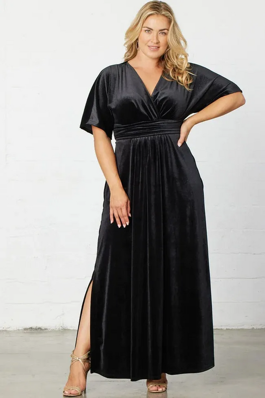 Gemina Velvet Wrap Flutter Sleeve Pocket Maxi Dress maxi dress Castello Clothing Line