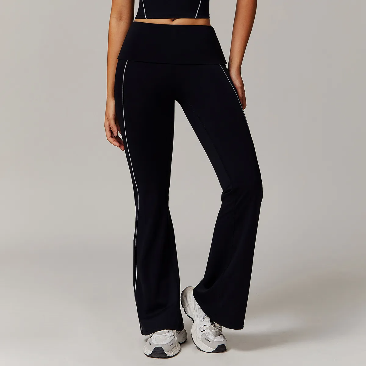 Frenzy Foldover Waist Contrast Stitch Flared Leggings leggings Castello Clothing Line