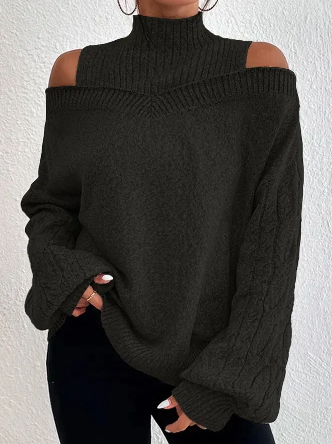 Exposed Knit Cold Shoulder Turtleneck Sweater Castello Clothing Line