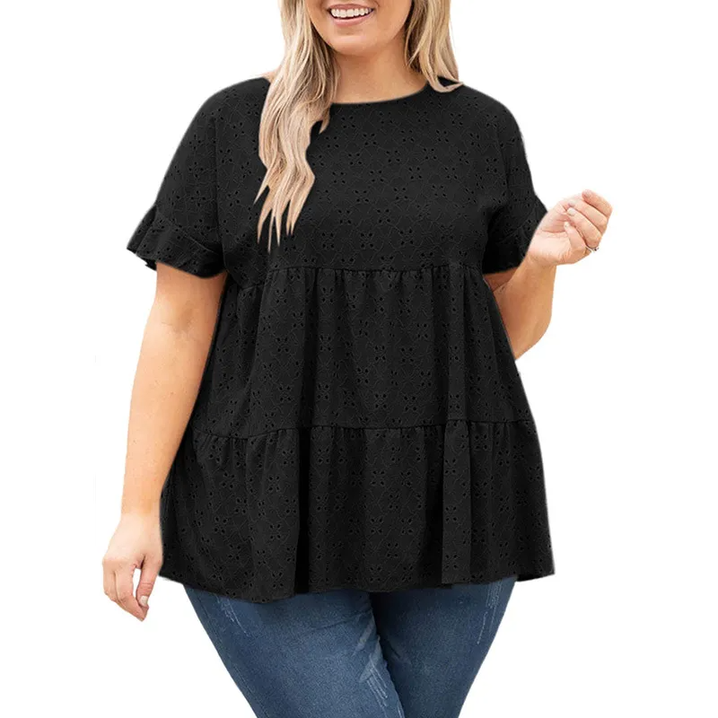 Cascade Tiered Ruffle Short Sleeve Plus Size Babydoll Top Castello Clothing Line