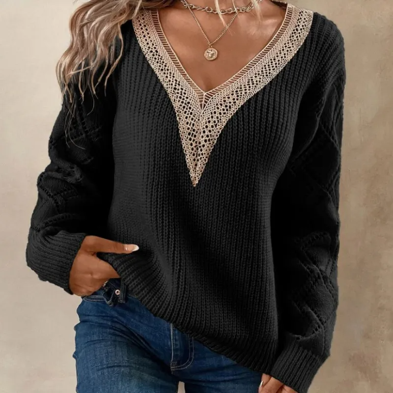 Viva Lace V-Neck Knit Long Sleeve Sweater Castello Clothing Line