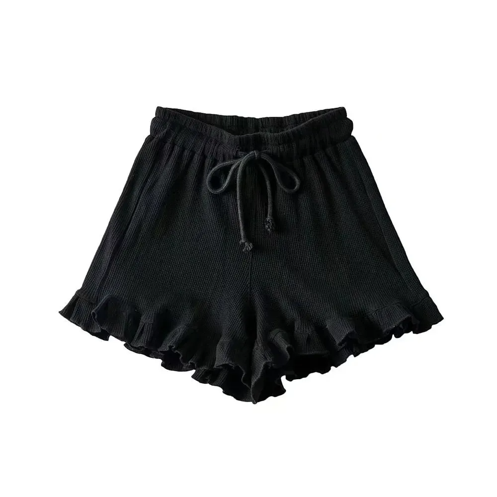 FlutterJoy Ruffle Hem Drawstring Waffle Knit Shorts  Castello Clothing Line   