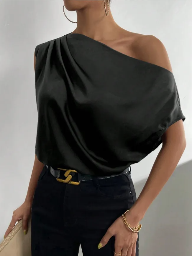 Edge Appeal One-Shoulder Satin Draped Top Castello Clothing Line