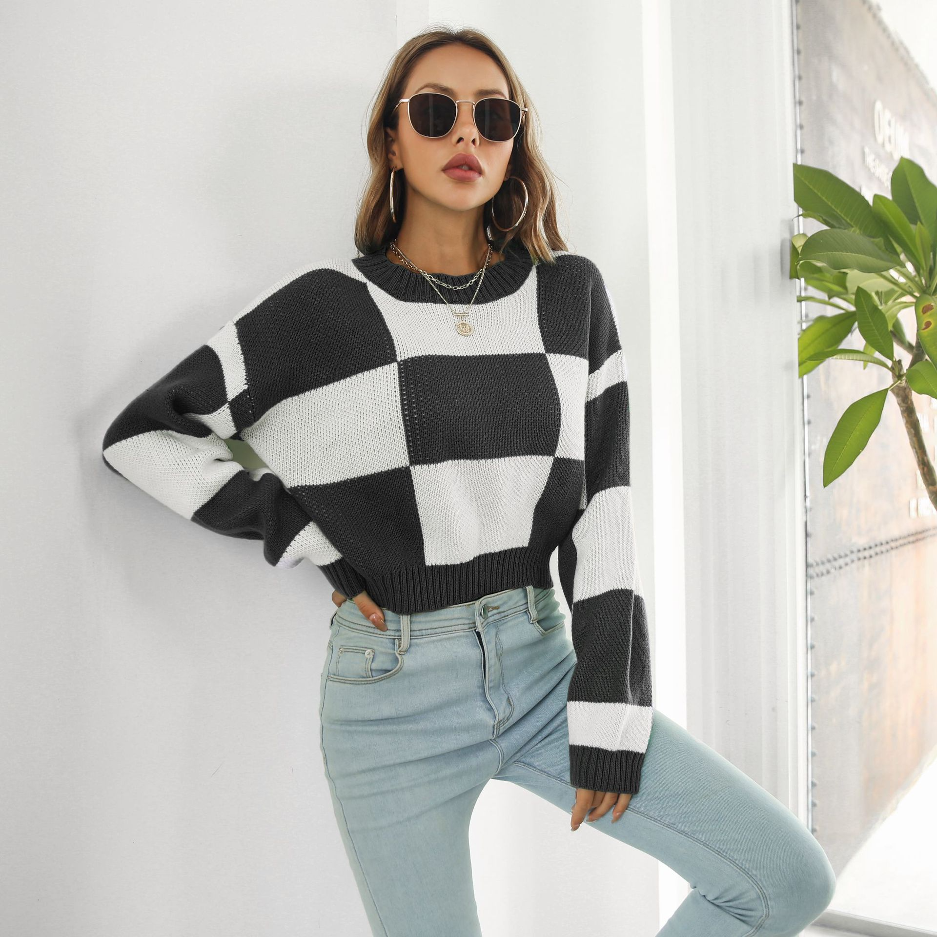 Impact Checkered Knit Cropped Long Sleeve Sweater Castello Clothing Line