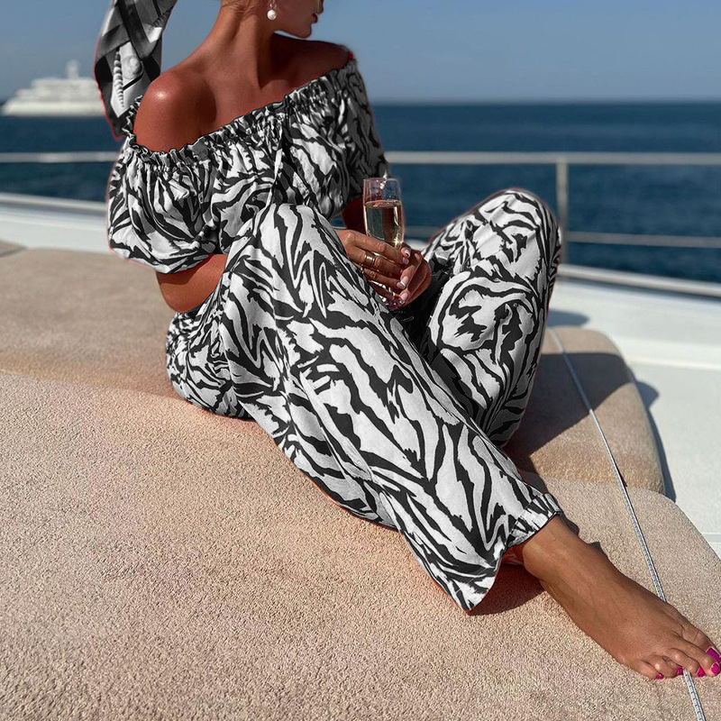 Off Shoulder Crop Top & Pants Set in Polyester  Castello Clothing Line   