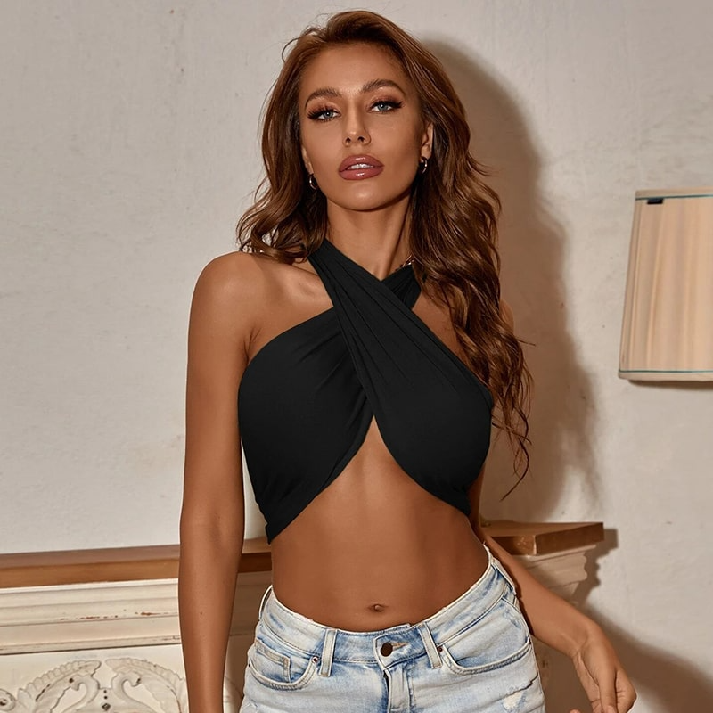 Wrapped in Desire Crisscross Halter Crop Top  Castello Clothing Line   