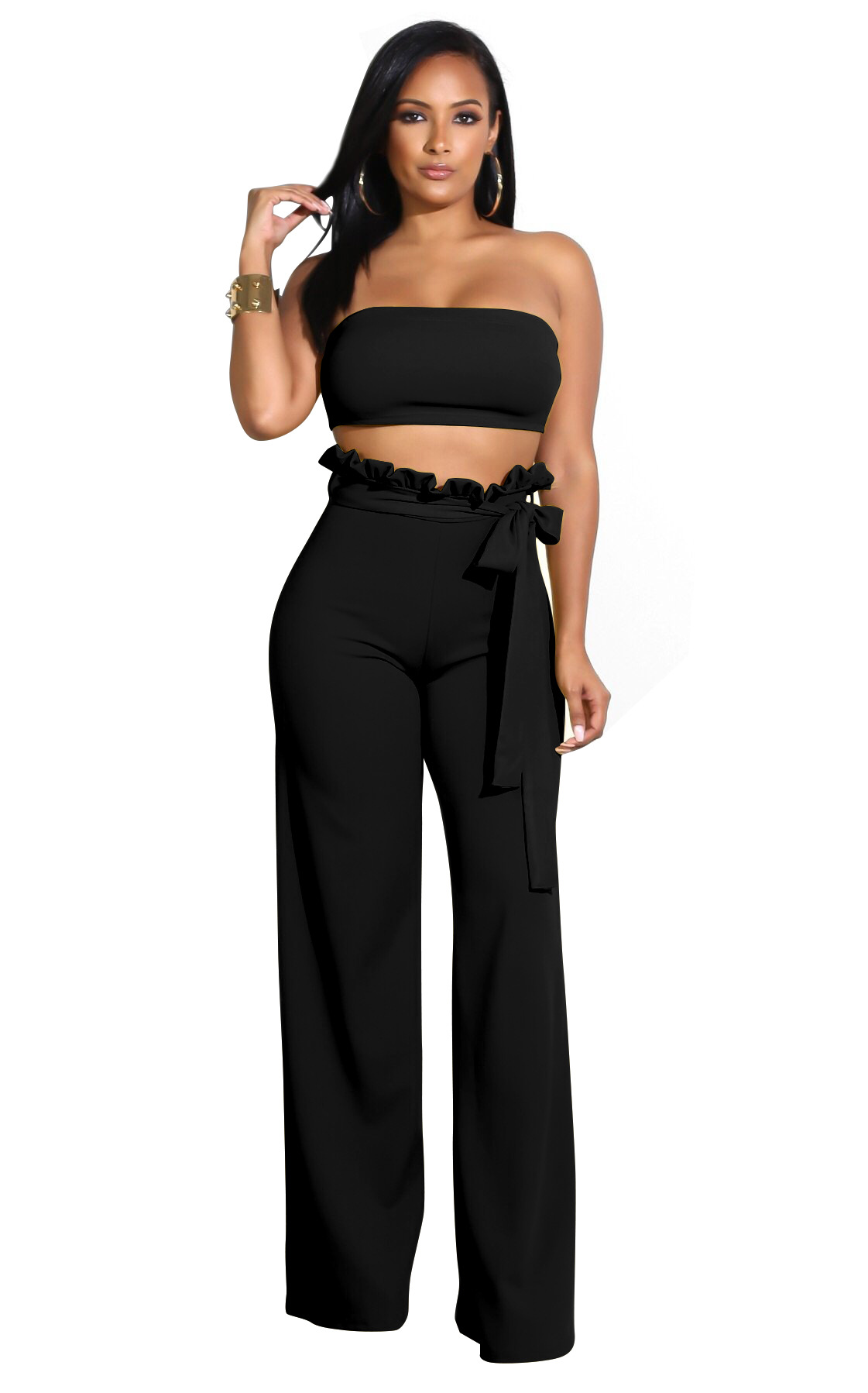 Bandeau Top & Ruffle High-Waist Wide-Leg Pant Set  Castello Clothing Line   