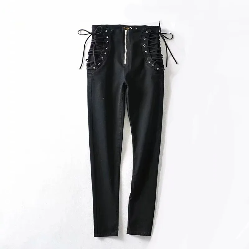 High Waist Lace Up Skinny Jeans  Castello Clothing Line   