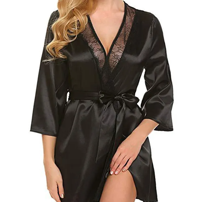 Ruby Glow Lace-Trim Satin Wrap Robe  Castello Clothing Line   