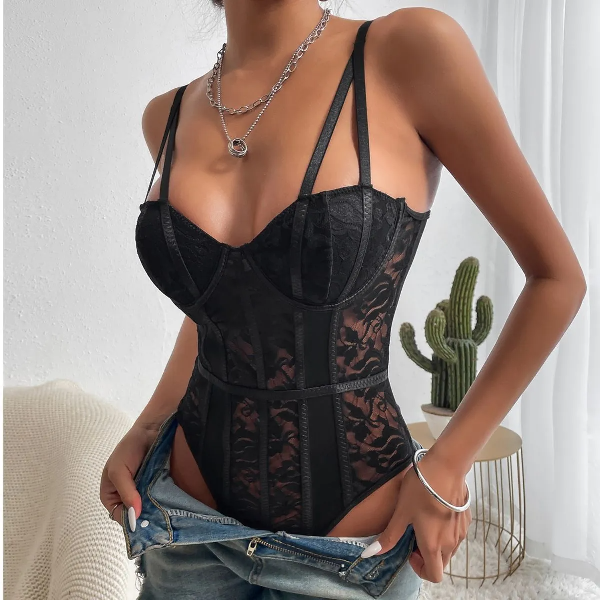 Daring Desire Lace Corset Bodysuit  Castello Clothing Line   