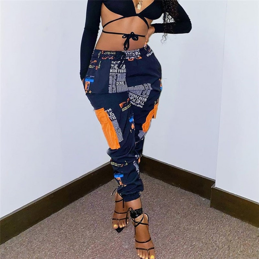 Mila High-Waisted Printed Cargo Jogger Pants Castello Clothing Line