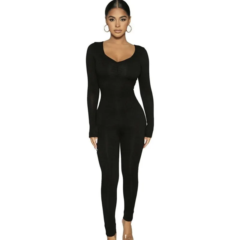 Lauren Long Sleeve Ruched Ribbed Bodycon Jumpsuit bodycon jumpsuit Castello Clothing Line