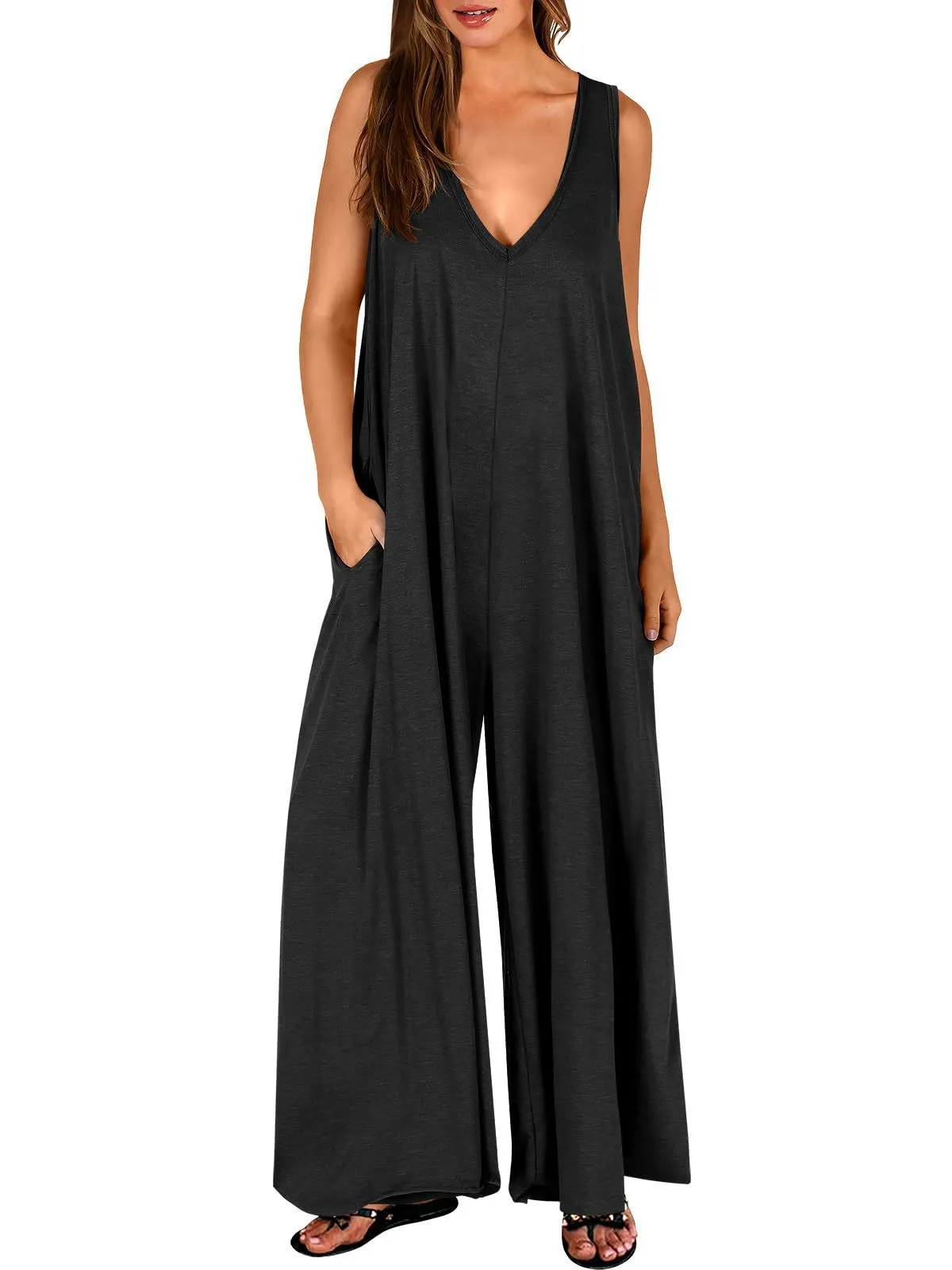 Hannah Sleeveless Deep V-Neck Oversized Wide Leg Jumpsuit women jumpsuits Castello Clothing Line