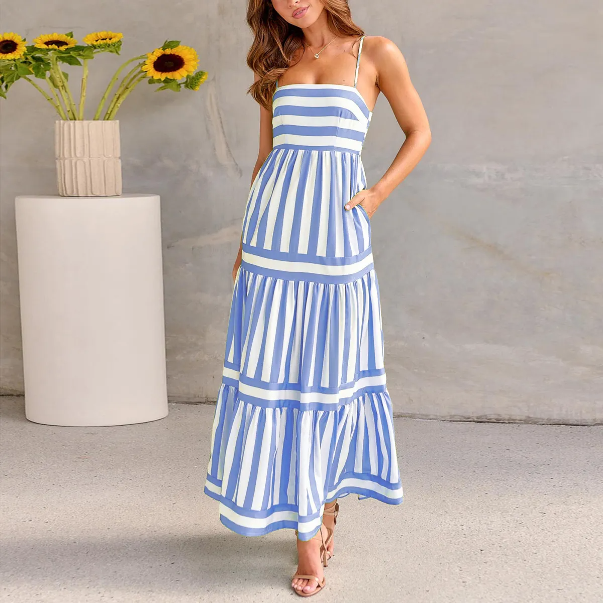 Seren Striped Smocked Tiered Pocketed Maxi Dress maxi dress Castello Clothing Line