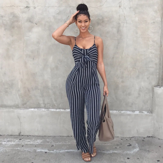 Kaliyah Striped Tie Front Wide Leg Jumpsuit women jumpsuits Castello Clothing Line