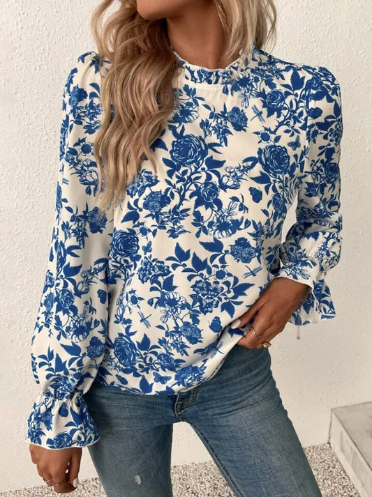 Blue Blossom High-Neck Long Sleeve Blouse  Castello Clothing Line   